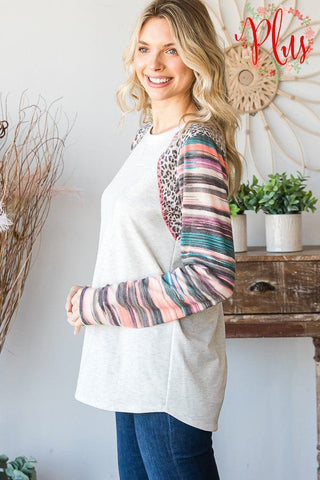 Ridley Stripe + Animal Print Long Sleeve Top in Oatmeal-2- Long Sleeve Tops-HEIMISH-Styled by Stacked - A Plus Size Women's Boutique in Lakeville, MN