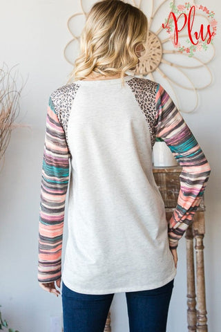 Ridley Stripe + Animal Print Long Sleeve Top in Oatmeal-2- Long Sleeve Tops-HEIMISH-Styled by Stacked - A Plus Size Women's Boutique in Lakeville, MN