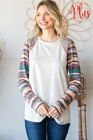 Ridley Stripe + Animal Print Long Sleeve Top in Oatmeal-2- Long Sleeve Tops-HEIMISH-Styled by Stacked - A Plus Size Women's Boutique in Lakeville, MN