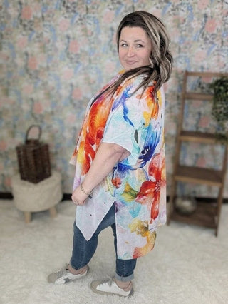 4- Overlayer Tops Britton Watercolor Petal Kimono plus size clothing