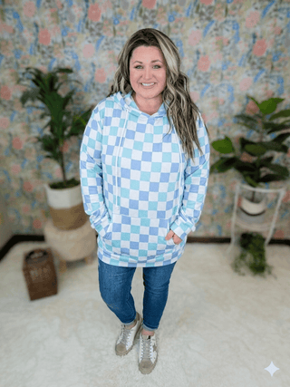PHC Triple Stretch Pullover Checker Hoodie in Blue + Mint-3- Hooded Tops-MICHELLE MAE-Styled by Stacked - A Plus Size Women's Boutique in Lakeville, MN