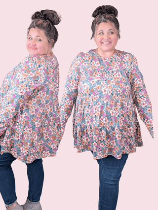 Wanda Long Sleeve Tiered Top in Floral on Faded Teal-2- Long Sleeve Tops-HEIMISH-Styled by Stacked - A Plus Size Women's Boutique in Lakeville, MN