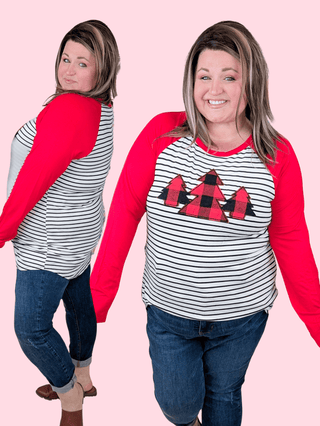 Sami Striped Raglan w/Buffalo Plaid Trees-6- Graphic Tops-Heimish-Styled by Stacked - A Plus Size Women's Boutique in Lakeville, MN