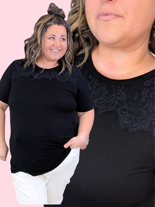 Brighton Lace Topped Short Sleeve Tee in Black