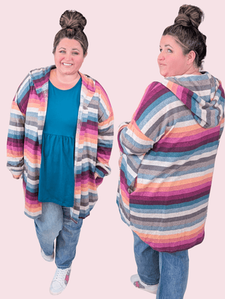 Patsy Multi Stripe Button Front Hooded Cardigan-4- Overlayer Tops-HEIMISH-Styled by Stacked - A Plus Size Women's Boutique in Lakeville, MN