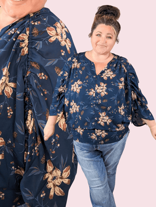Luna Ruched 3/4 Sleeve Top in Navy Floral-2- Long Sleeve Tops-WHITE BIRCH-Styled by Stacked - A Plus Size Women's Boutique in Lakeville, MN