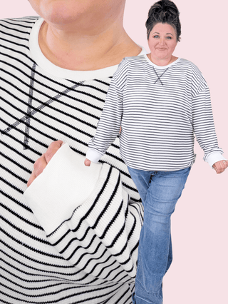 Emma Thermal Knit Striped Pullover in Ivory + Black-2- Long Sleeve Tops-MICHELLE MAE-Styled by Stacked - A Plus Size Women's Boutique in Lakeville, MN