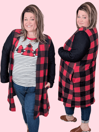 Jolie Buffalo Plaid Cardigan w/Black Sleeves-4- Overlayer Tops-Shopin LA-Styled by Stacked - A Plus Size Women's Boutique in Lakeville, MN