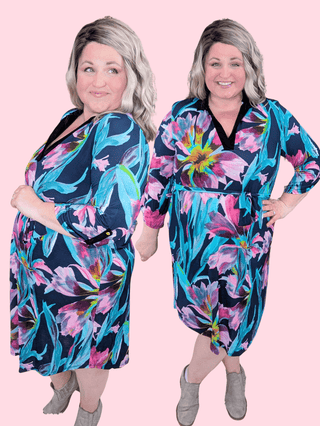 Brenda 3/4 Sleeve Belted Dress in Navy Watercolor Floral-11- Dress/Romp/Jump-HEIMISH-Styled by Stacked - A Plus Size Women's Boutique in Lakeville, MN