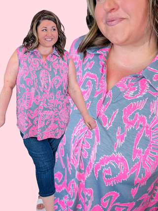 Nola Slitneck Collared Tank in Gray + Pink