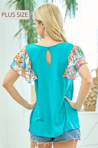 SALE- Leah Scoopneck Top w/Mod Floral Double Flutter Sleeves (3 Colors)-1- ShortSlv/Slvless Tops-LOVELY MELODY-Styled by Stacked - A Plus Size Women's Boutique in Lakeville, MN
