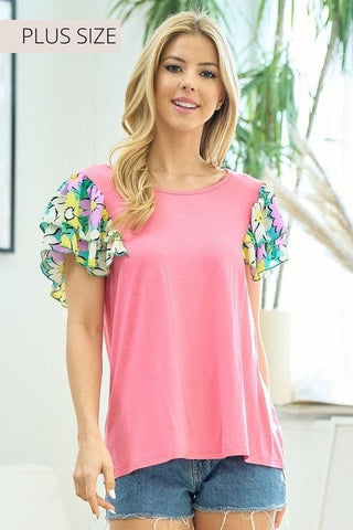 SALE- Leah Scoopneck Top w/Mod Floral Double Flutter Sleeves (3 Colors)-1- ShortSlv/Slvless Tops-LOVELY MELODY-Styled by Stacked - A Plus Size Women's Boutique in Lakeville, MN