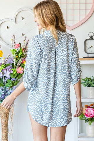Avril Slit Neck Collared 3/4 Sleeve Top in Blue Animal Print-1- ShortSlv/Slvless Tops-HEIMISH-Styled by Stacked - A Plus Size Women's Boutique in Lakeville, MN