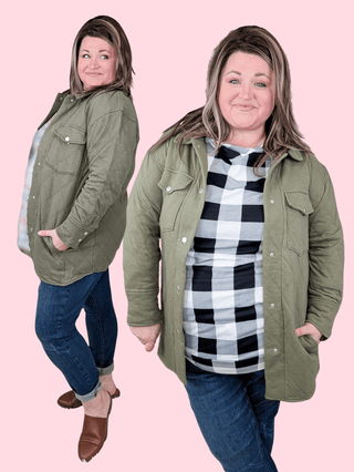 Ian Quilted Sweatshirt Shacket in Olive-4- Overlayer Tops-HEIMISH-Styled by Stacked - A Plus Size Women's Boutique in Lakeville, MN