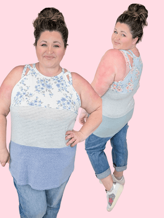 Anita Strappy Detail Tank in Floral + Stripe Colorblock (3 Colors)-1- ShortSlv/Slvless Tops-LOVELY MELODY-Styled by Stacked - A Plus Size Women's Boutique in Lakeville, MN