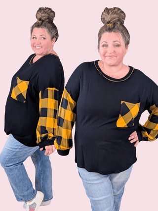 Laura Buffalo Plaid Accent Top in Black + Butterscotch-2- Long Sleeve Tops-HAPTICS-Styled by Stacked - A Plus Size Women's Boutique in Lakeville, MN