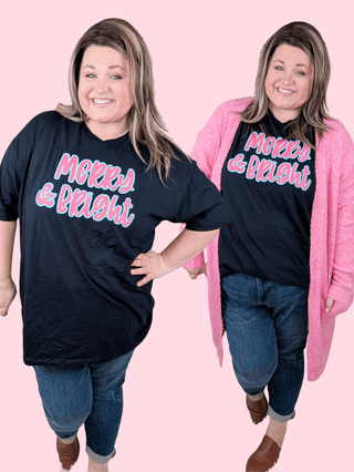 Merry & Bright on Black Tee-6- Graphic Tops-inked up apparel-Styled by Stacked - A Plus Size Women's Boutique in Lakeville, MN