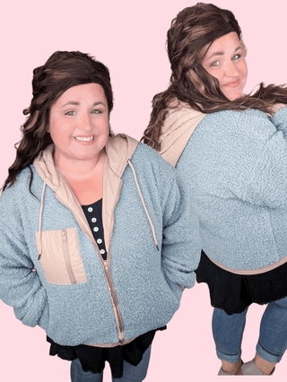 SALE- Blakely Sherpa Lightweight Hooded Jacket in Soft Blue + Taupe-4- Overlayer Tops-KORI-Styled by Stacked - A Plus Size Women's Boutique in Lakeville, MN