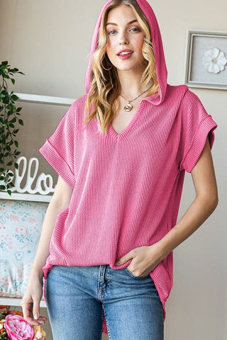 Tommi Urban Ribbed Hooded Short Sleeve Top (3 Colors)-1- ShortSlv/Slvless Tops-HEIMISH-Styled by Stacked - A Plus Size Women's Boutique in Lakeville, MN