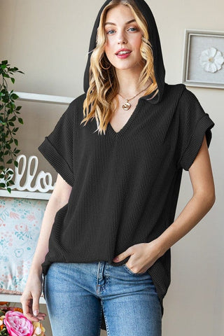 Tommi Urban Ribbed Hooded Short Sleeve Top (3 Colors)-1- ShortSlv/Slvless Tops-HEIMISH-Styled by Stacked - A Plus Size Women's Boutique in Lakeville, MN