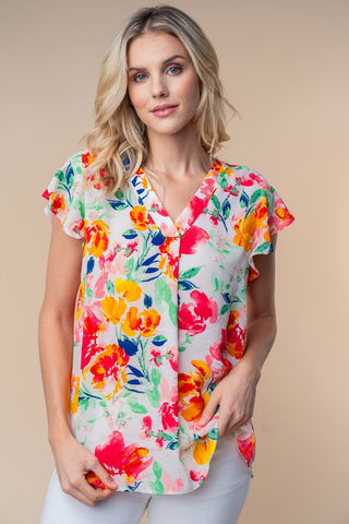 SALE- Marley Slit Neck Short Sleeve in Bold Floral on Ivory-1- ShortSlv/Slvless Tops-WHITE BIRCH-Styled by Stacked - A Plus Size Women's Boutique in Lakeville, MN