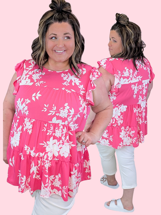 Rita Flutter Sleeve Tiered Top in Hot Pink Floral