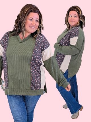 Lindsay Floral & Olive Ribbed Vneck Pullover