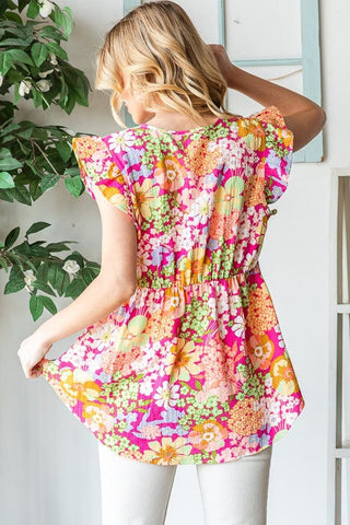 SALE- Catalina Magenta Floral Flutter Sleeve Babydoll Top-1- ShortSlv/Slvless Tops-HEIMISH-Styled by Stacked - A Plus Size Women's Boutique in Lakeville, MN