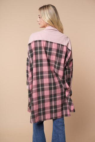 Celia Pink Plaid Longline Buttondown-4- Overlayer Tops-WHITE BIRCH-Styled by Stacked - A Plus Size Women's Boutique in Lakeville, MN