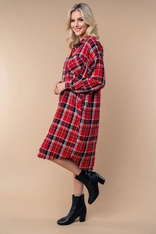 Madeline Buttondown Shirt Dress in Red + Black Plaid-11- Dress/Romp/Jump-WHITE BIRCH-Styled by Stacked - A Plus Size Women's Boutique in Lakeville, MN