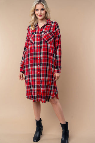 Madeline Buttondown Shirt Dress in Red + Black Plaid-11- Dress/Romp/Jump-WHITE BIRCH-Styled by Stacked - A Plus Size Women's Boutique in Lakeville, MN