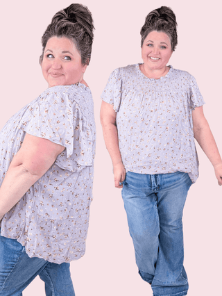 Gwendolyn Smocked Short Sleeve Top in Dusty Lilac Floral-1- ShortSlv/Slvless Tops-WHITE BIRCH-Styled by Stacked - A Plus Size Women's Boutique in Lakeville, MN