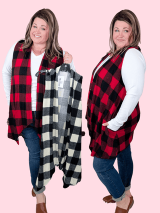 Elena Buffalo Plaid Open Vest w/Pockets-4- Overlayer Tops-HEIMISH-Styled by Stacked - A Plus Size Women's Boutique in Lakeville, MN