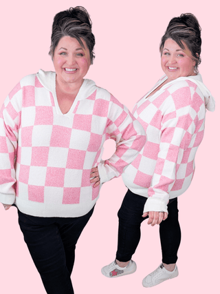 Maureen Pink Checkered Luxe Hooded Sweater-3- Hooded Tops-MICHELLE MAE-Styled by Stacked - A Plus Size Women's Boutique in Lakeville, MN