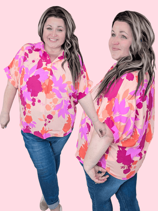 Lucille Short Sleeve Collared Blouse in Fuchsia, Coral + Peach Floral-1- ShortSlv/Slvless Tops-WHITE BIRCH-Styled by Stacked - A Plus Size Women's Boutique in Lakeville, MN