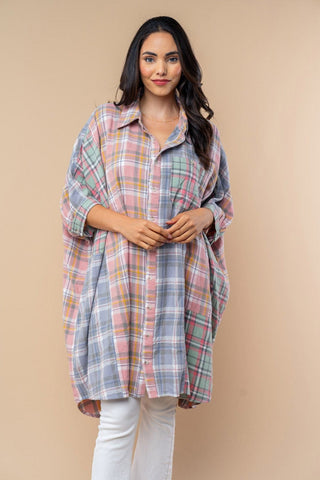 Irina Longline Pastel Plaid Buttondown Top-2- Long Sleeve Tops-WHITE BIRCH-Styled by Stacked - A Plus Size Women's Boutique in Lakeville, MN