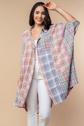 Irina Longline Pastel Plaid Buttondown Top-2- Long Sleeve Tops-WHITE BIRCH-Styled by Stacked - A Plus Size Women's Boutique in Lakeville, MN
