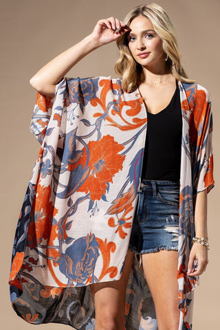 Kendall Botanical Kimono in Beige, Denim Blue + Poppy-4- Overlayer Tops-urbanista-Styled by Stacked - A Plus Size Women's Boutique in Lakeville, MN