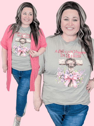6- Graphic Tops A Lot Can Happen in 3 Days Tee on Taupe plus size clothing