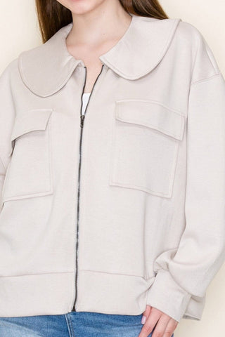 Dianna Peter Pan Collared Scuba Jacket in Stone Taupe-4- Overlayer Tops-WHITE BIRCH-Styled by Stacked - A Plus Size Women's Boutique in Lakeville, MN