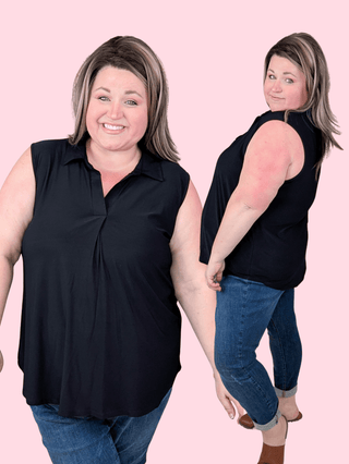 Nola Slitneck Collared Tank in Solid Black-1- ShortSlv/Slvless Tops-WHITE BIRCH-Styled by Stacked - A Plus Size Women's Boutique in Lakeville, MN