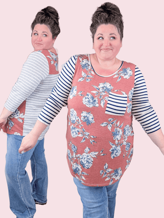 Mona Floral Raglan w/Striped 3/4 Sleeves (2 Colors)-2- Long Sleeve Tops-lovely melody-Styled by Stacked - A Plus Size Women's Boutique in Lakeville, MN
