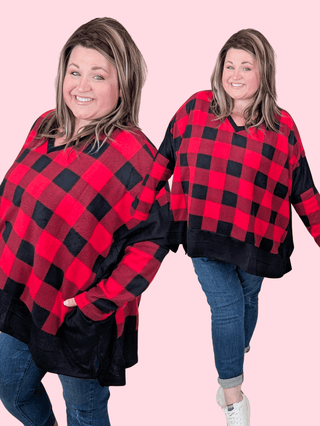Ellie Handkerchief Hem Tunic in Buffalo Plaid-2- Long Sleeve Tops-WHITE BIRCH-Styled by Stacked - A Plus Size Women's Boutique in Lakeville, MN