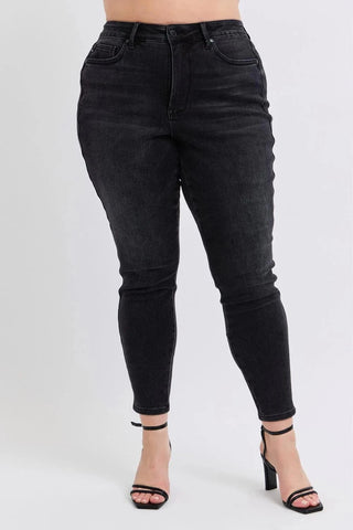 Judy Blue Tummy Control Faded Black Skinny-9- Bottoms Denim-Judy Blue-Styled by Stacked - A Plus Size Women's Boutique in Lakeville, MN