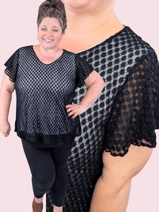 Irene V-Neck Sheer Black Top w/Dot Texture-1- ShortSlv/Slvless Tops-WHITE BIRCH-Styled by Stacked - A Plus Size Women's Boutique in Lakeville, MN