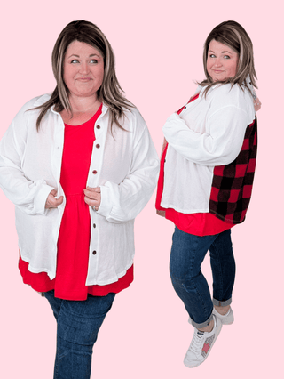 Joya Ivory Stretch Buttondown w/Buffalo Plaid Back-4- Overlayer Tops-WHITE BIRCH-Styled by Stacked - A Plus Size Women's Boutique in Lakeville, MN