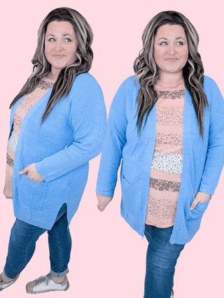 Vivian Cardigan w/Side Slits in Cornflower Blue-4- Overlayer Tops-EMERALD-Styled by Stacked - A Plus Size Women's Boutique in Lakeville, MN