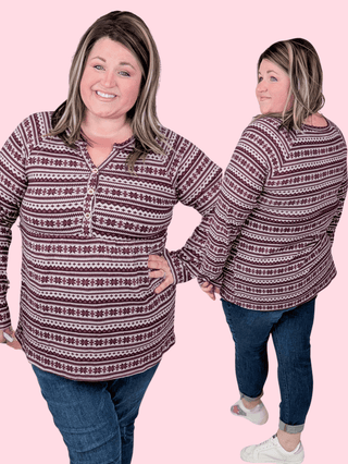 Miles Snowflake Long Sleeve Babydoll Top in Burgundy-2- Long Sleeve Tops-HEIMISH-Styled by Stacked - A Plus Size Women's Boutique in Lakeville, MN
