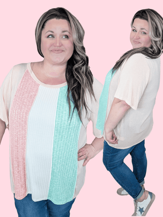 Sara Flowy Sleeve Vertical Colorblock Top-1- ShortSlv/Slvless Tops-HAPTICS-Styled by Stacked - A Plus Size Women's Boutique in Lakeville, MN