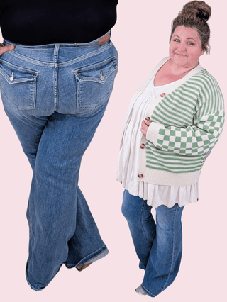 Judy Blue Double Button Patch Pocket Flares-9- Bottoms Denim-Judy Blue-Styled by Stacked - A Plus Size Women's Boutique in Lakeville, MN